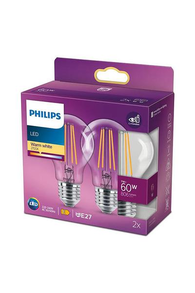 2x Philips Becuri LED E27 60W (Pară, Transparent)