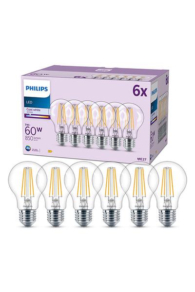 6x Philips A60 | Filament Becuri LED E27 60W (Pară, Transparent)