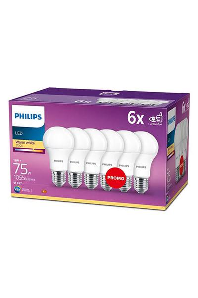 6x Philips A60 E27 LED-lampor 75W (Päron)