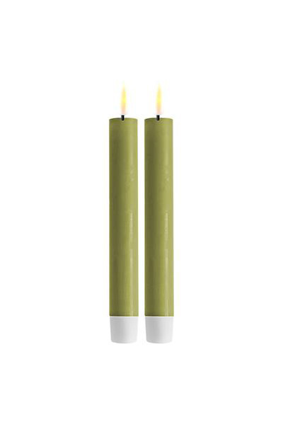LED dinner candle 15 cm | Olive Green | 3D Flame | 2 pieces | Deluxe HomeArt