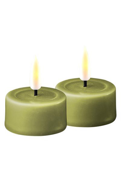 LED Tea Light 4.1 x 4.5 cm | Olive Green | 3D Flame | 2 pieces | Deluxe HomeArt